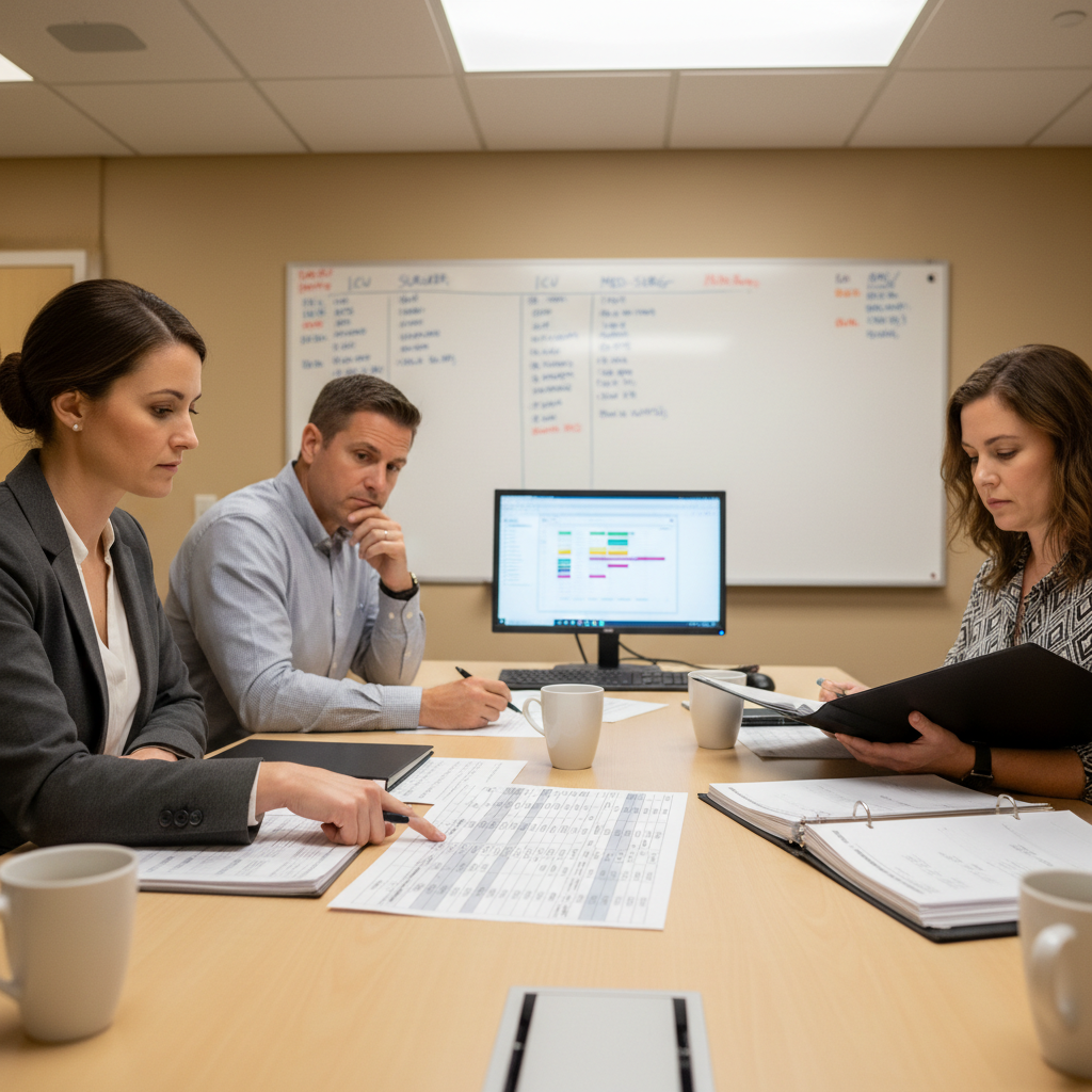 Hospital administrators reviewing internal staffing schedules and float pool assignments at conference table