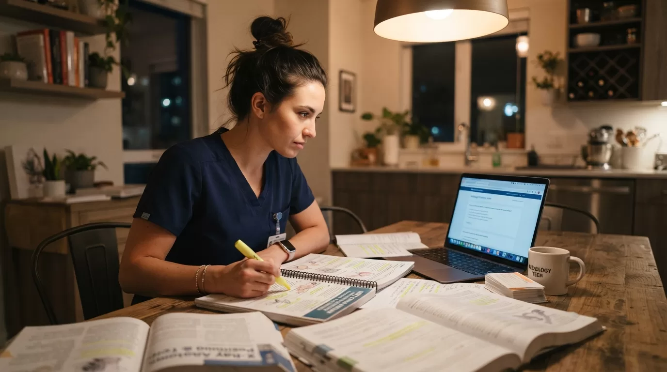 Radiology technologist studying ARRT specialty exam materials at home with textbooks and laptop