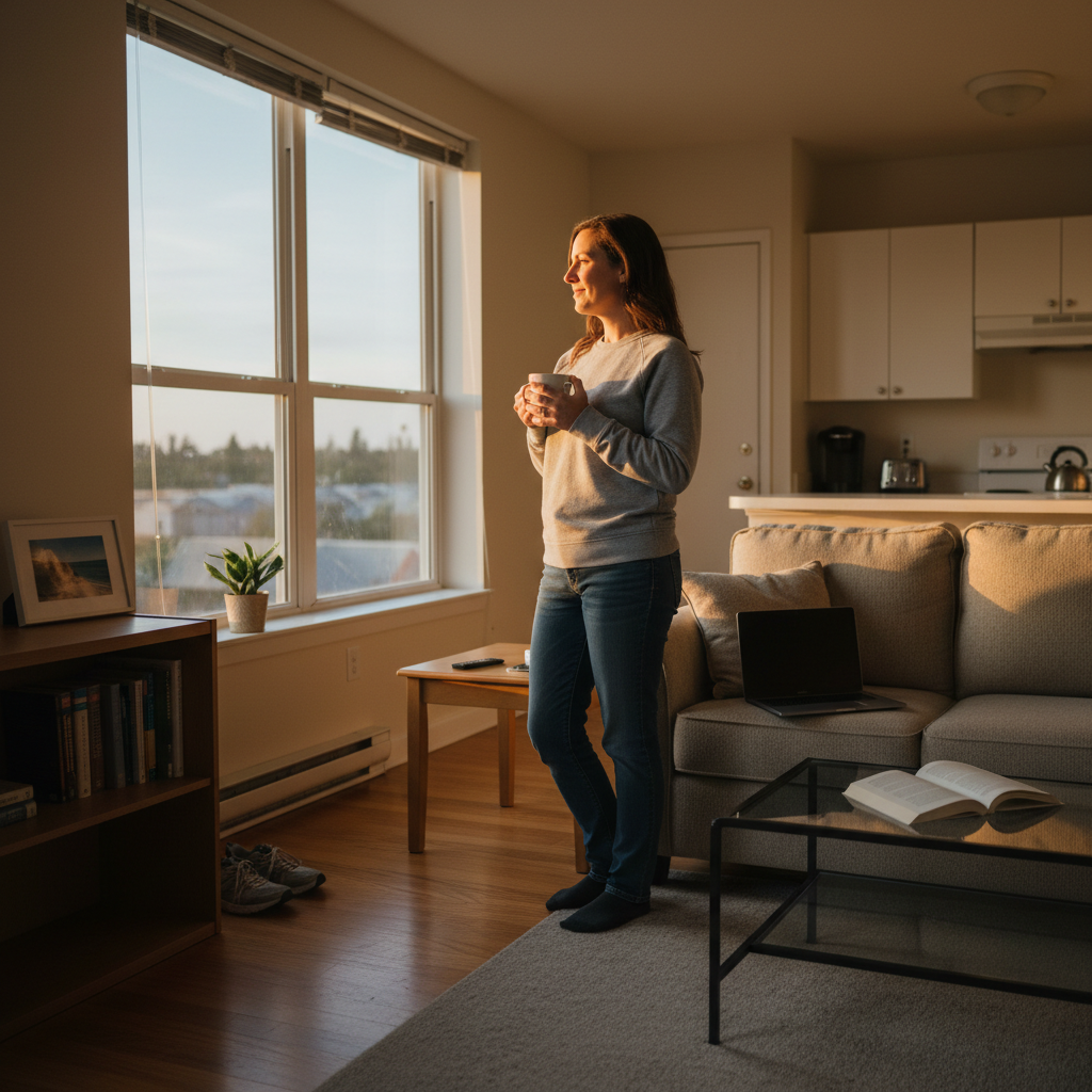 Travel nurse at home in furnished apartment during golden hour, holding coffee mug by window