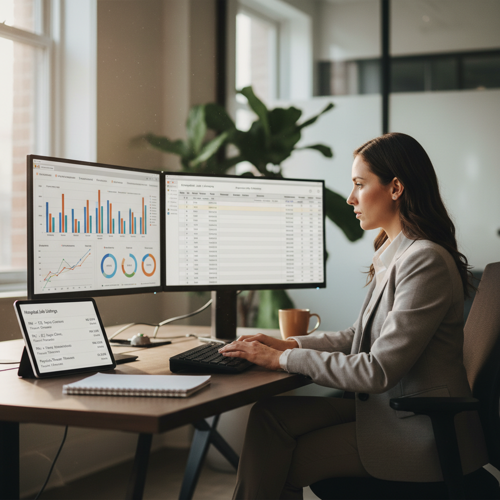 Healthcare recruiter analyzing August 2026 JOLTS employment data at office desk with computer monitors