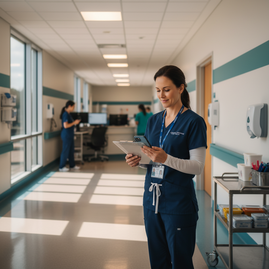 Travel nurse reviewing assignments on smartphone in hospital hallway between shifts