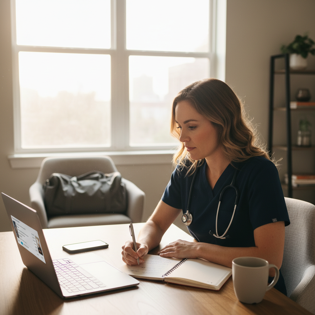 Travel nurse reviewing laptop with job listings and pay rates at apartment kitchen table