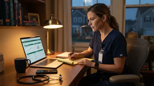 Nurse reviewing retirement account documents at home office desk for backdoor Roth IRA planning