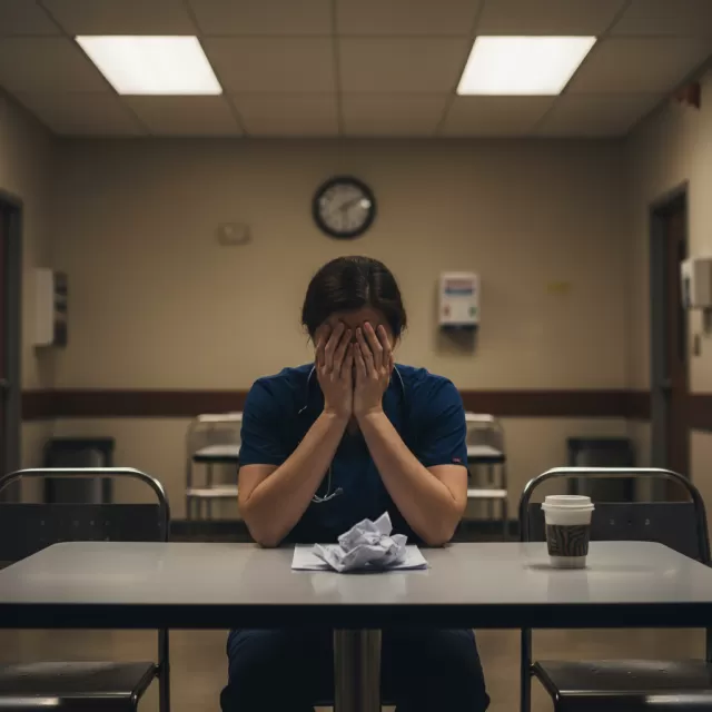 Exhausted nurse in hospital break room after mandatory overtime shift
