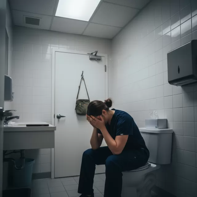 Nurse taking emotional break alone in hospital bathroom during difficult shift