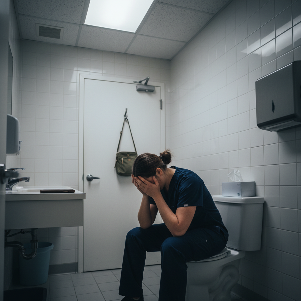 Nurse taking emotional break alone in hospital bathroom during difficult shift