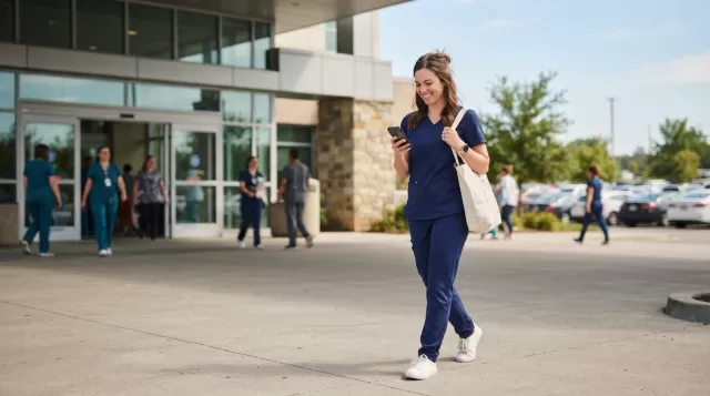 Registered nurse leaving hospital after weekend shift with weekdays free under Baylor plan program