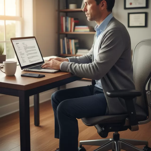 Healthcare professional working on resume at home office desk with laptop