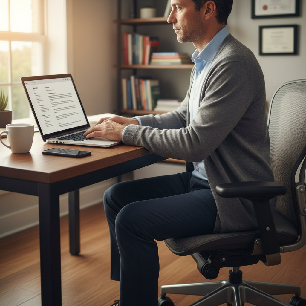 Healthcare professional working on resume at home office desk with laptop