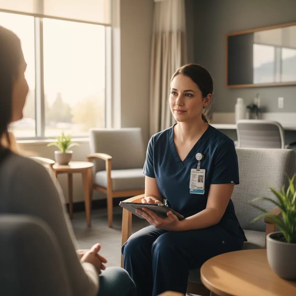 Psychiatric nurse conducting patient consultation in behavioral health facility