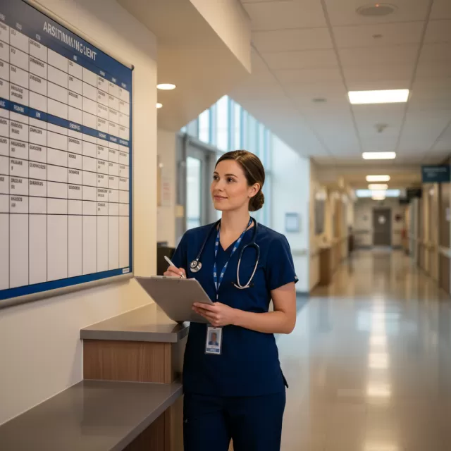 Float pool RN reviewing unit assignments at nurses station with clipboard