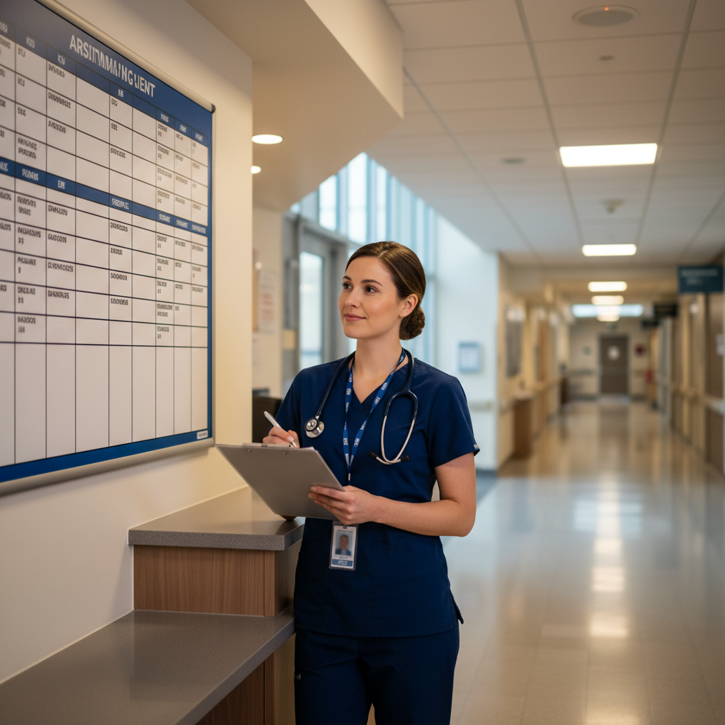 Float pool RN reviewing unit assignments at nurses station with clipboard