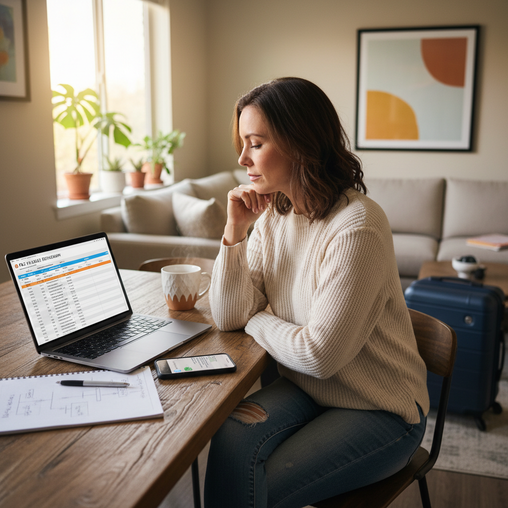 Travel nurse reviewing pay package details on laptop at home kitchen table with calculator and notes