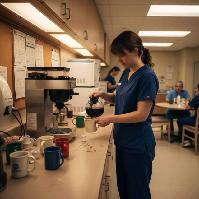 Healthcare worker pouring coffee in hospital break room during shift
