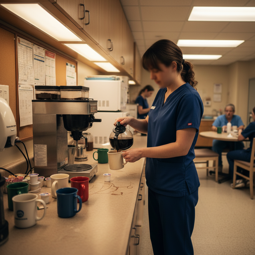 Healthcare worker pouring coffee in hospital break room during shift
