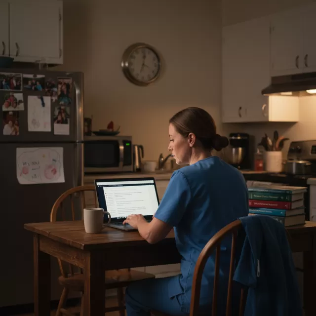 Nurse studying for BSN degree late at night at kitchen table with laptop and textbooks