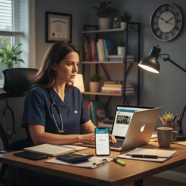 Nurse reviewing BSN program costs and budget at home office desk with laptop and calculator
