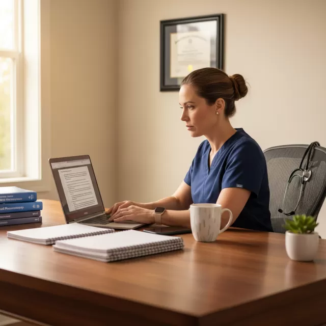 Nurse writing MSN application case study at home office desk with laptop and nursing textbooks
