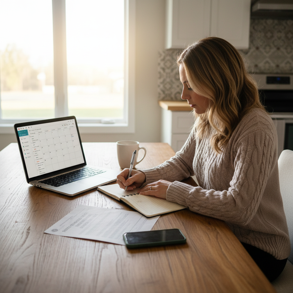 Healthcare professional planning fall CE and license renewal calendar at home kitchen table
