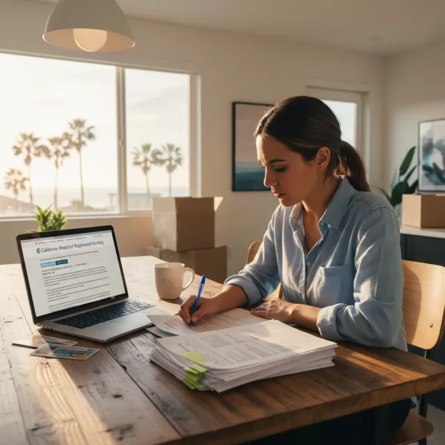 Travel nurse reviewing California RN license application documents at home with laptop