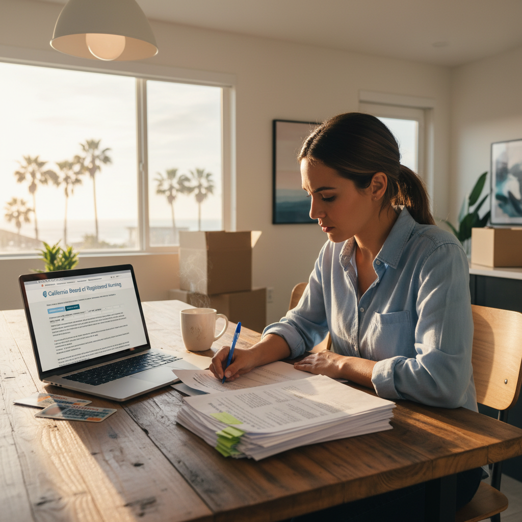 Travel nurse reviewing California RN license application documents at home with laptop