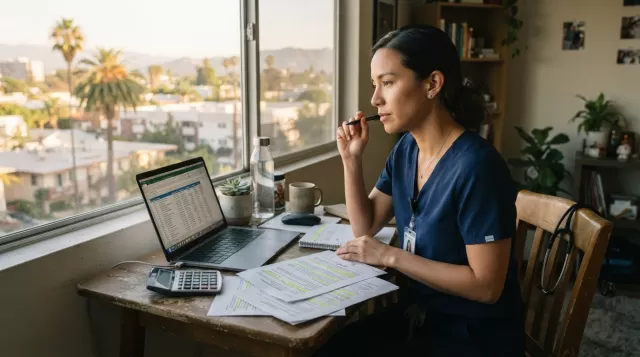 Travel nurse reviewing California contract rates at apartment desk with laptop and paperwork