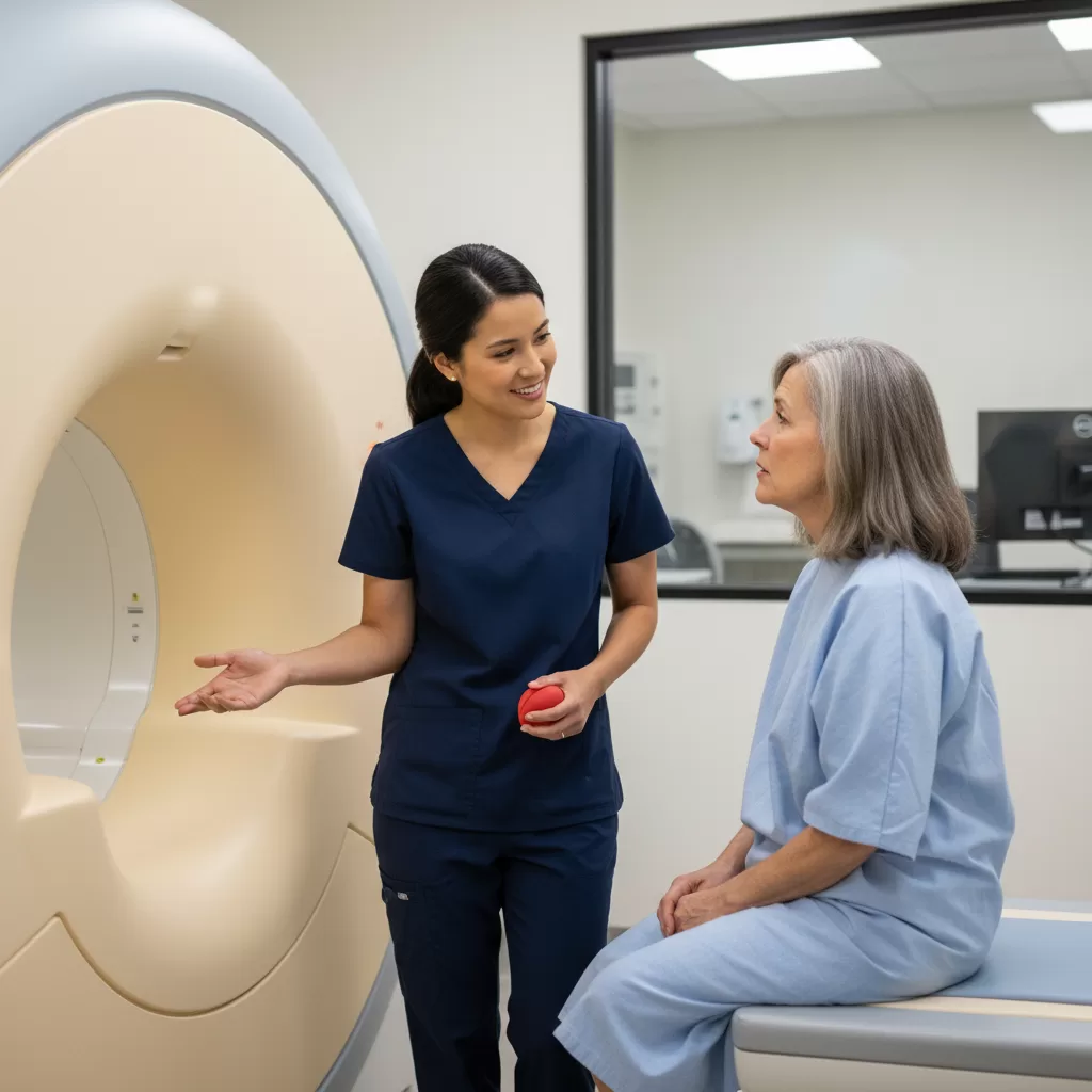 MRI technologist explaining procedure to anxious patient beside open MRI scanner
