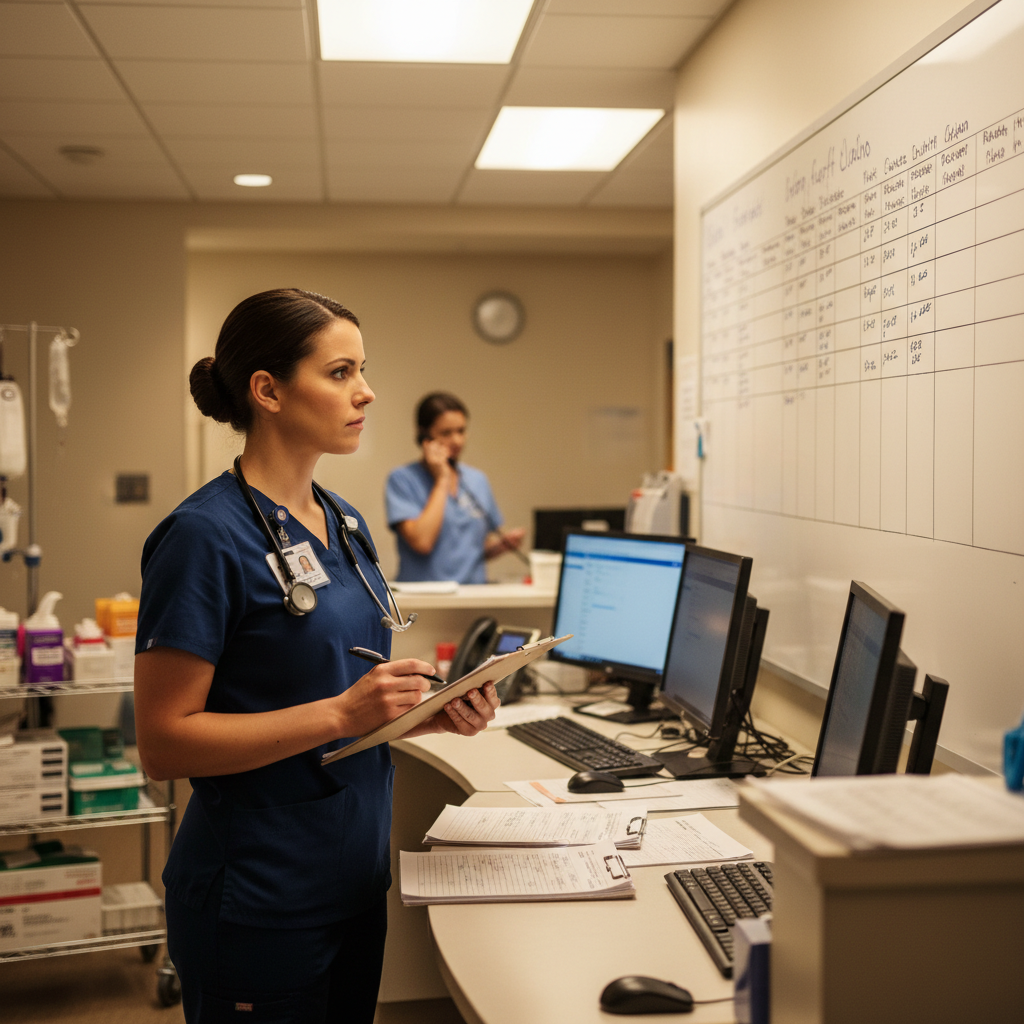 Charge nurse reviewing patient assignments at nurses station during short staffing situation