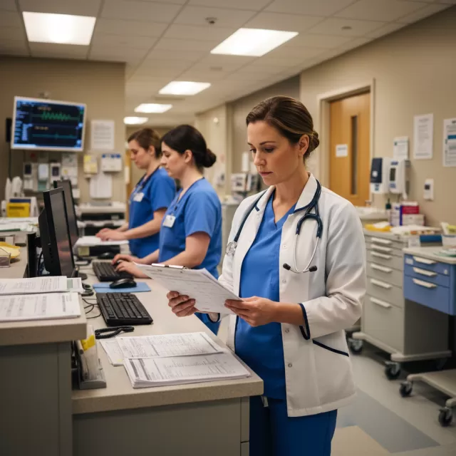 Nurse reviewing patient assignments at hospital station