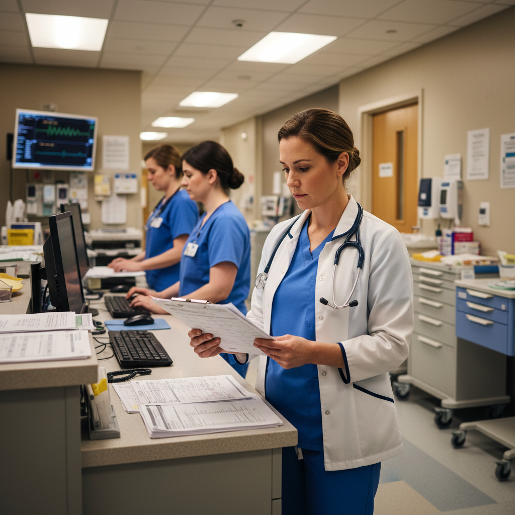 Nurse reviewing patient assignments at hospital station