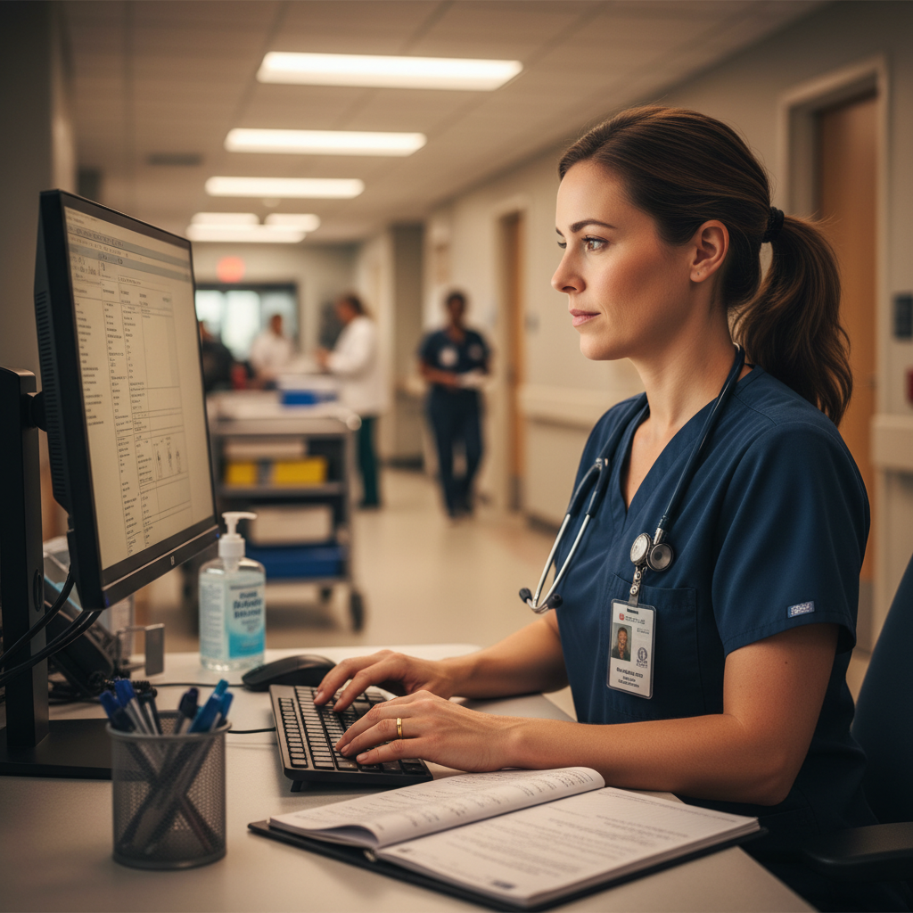 Nurse documenting patient care at hospital computer workstation with focused attention to detail