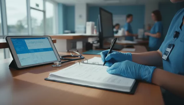 Nurse documenting patient care notes at hospital nurses station with soft natural lighting
