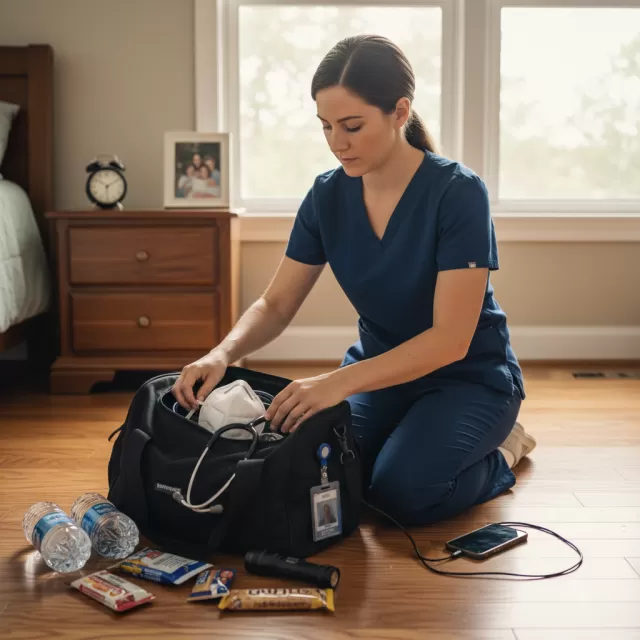 Nurse preparing emergency go-bag with medical supplies and credentials on bedroom floor