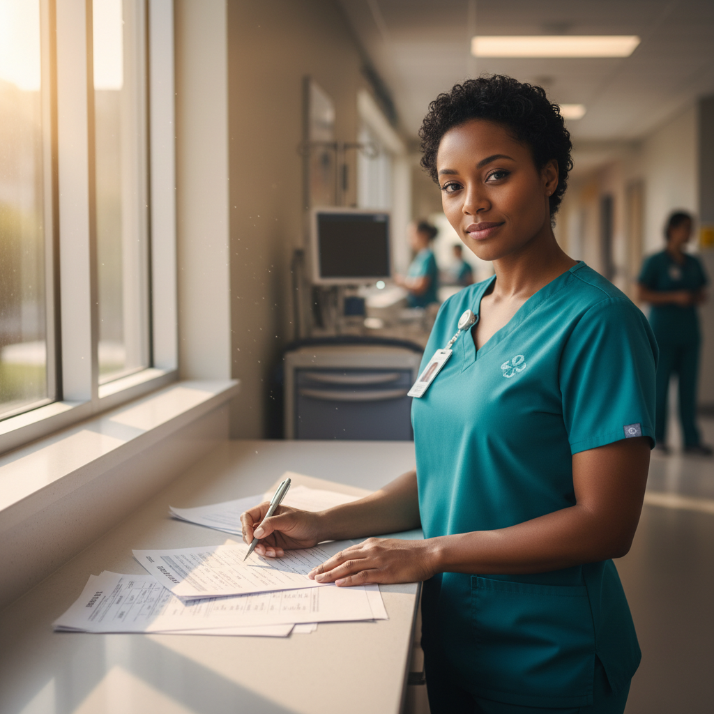 CNA reviewing weekend shift schedule at hospital nurses station