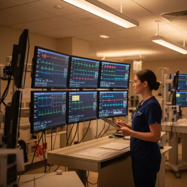 CNA reviewing cardiac telemetry monitors at hospital station with multiple EKG screens