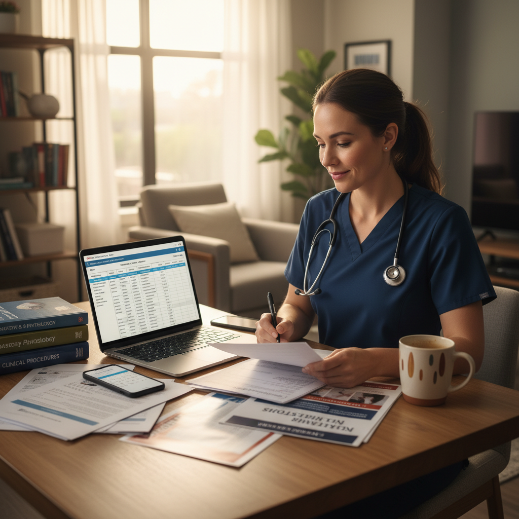 CNA reviewing nursing program options at home with laptop and school brochures
