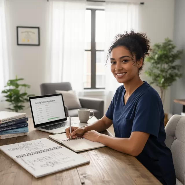 CNA student studying nursing bridge program materials at home desk with laptop and textbooks