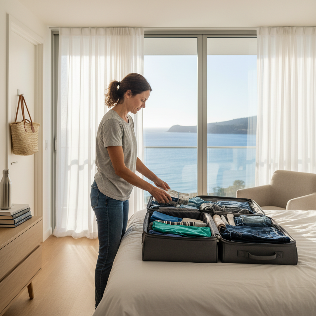 Travel nurse packing suitcase in bright coastal apartment bedroom with ocean view