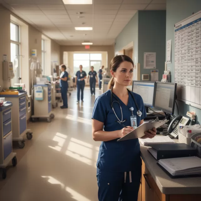 Charge nurse reviewing patient assignments at hospital nurses station during morning shift
