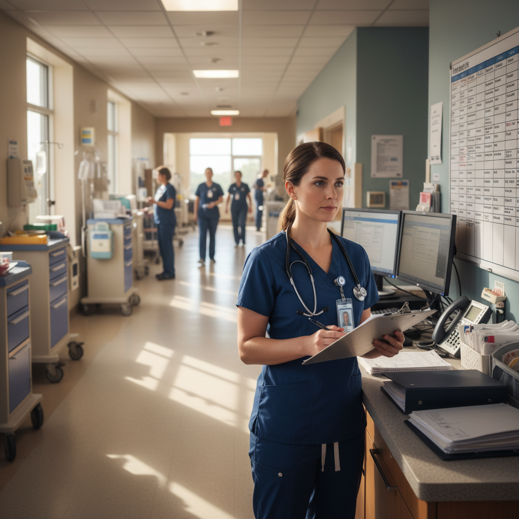 Charge nurse reviewing patient assignments at hospital nurses station during morning shift