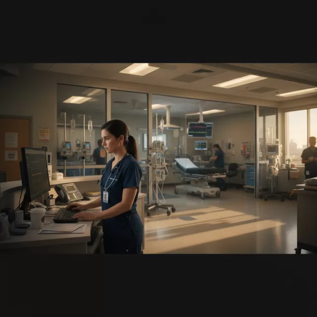 ED travel nurse reviewing patient charts at emergency department nurses station