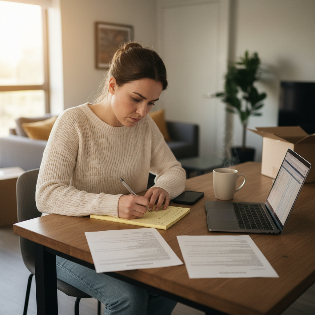 Travel nurse comparing multiple contract offers at kitchen table with documents and laptop