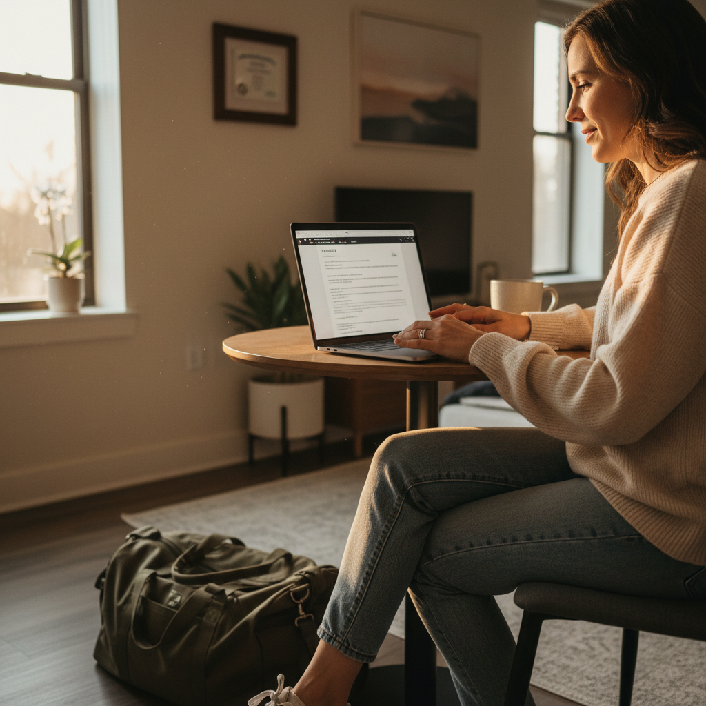 Travel nurse reviewing contract on laptop in apartment, marking career milestone moment