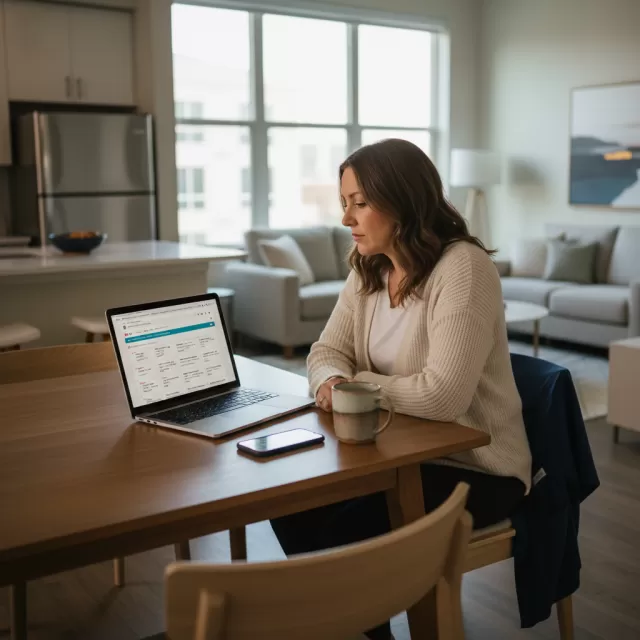 Travel nurse reviewing contract rates on laptop at home apartment table