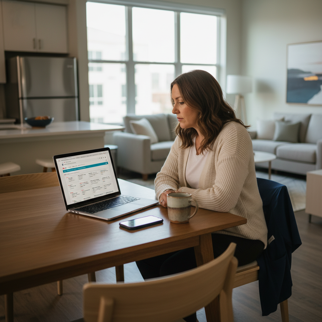 Travel nurse reviewing contract rates on laptop at home apartment table