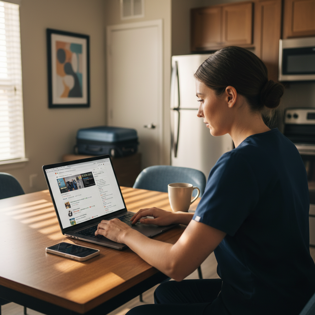 Travel nurse reviewing high-paying contract rates on laptop in temporary apartment