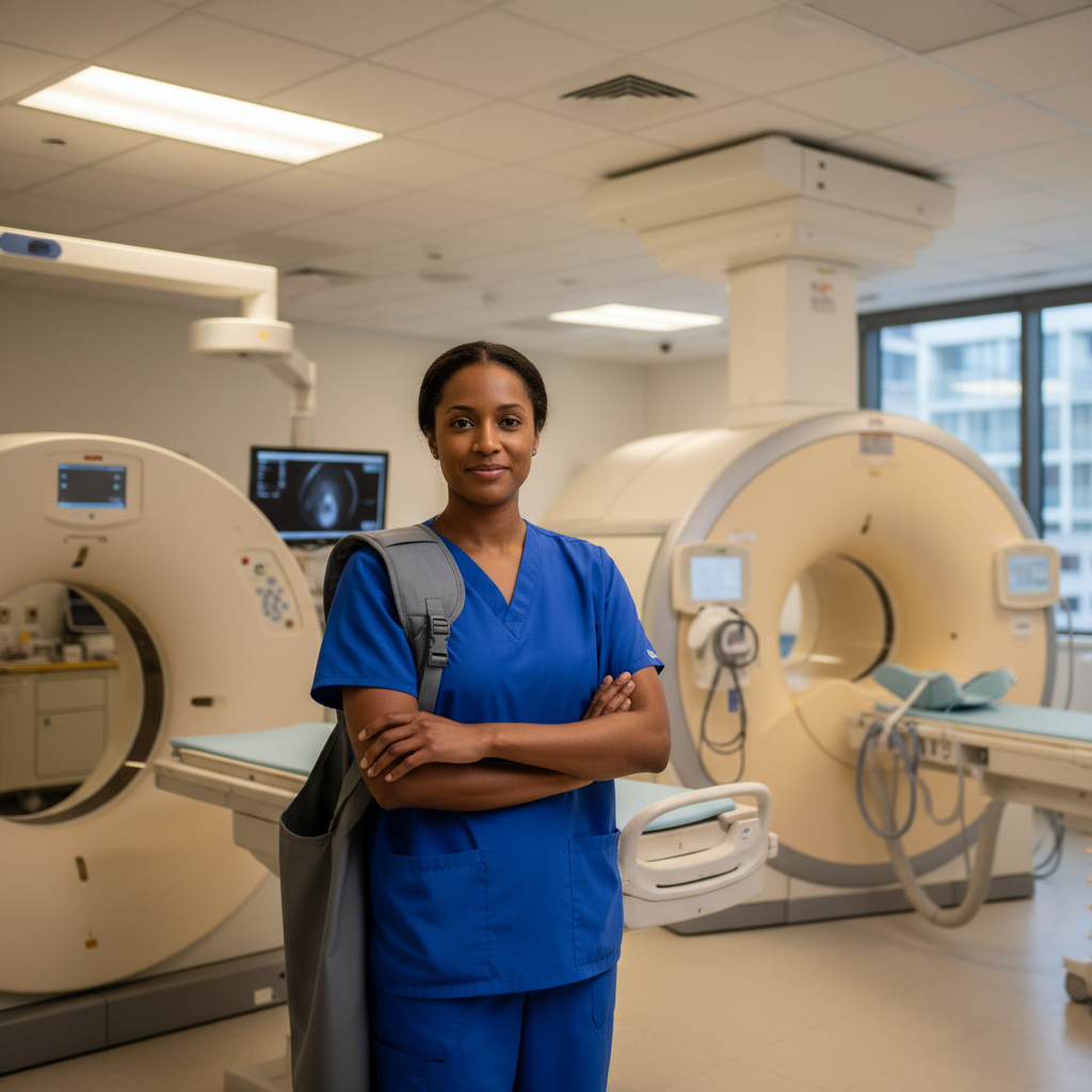 Radiology technologist standing confidently between CT and MRI imaging equipment in hospital suite