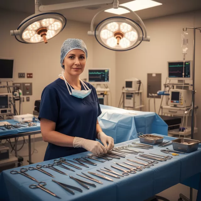 Surgical technologist organizing instruments at sterile field in modern operating room