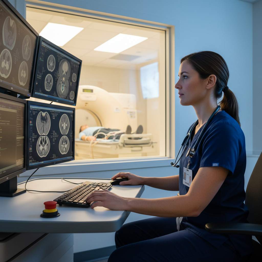 CT technologist monitoring patient at console during contrast-enhanced scan