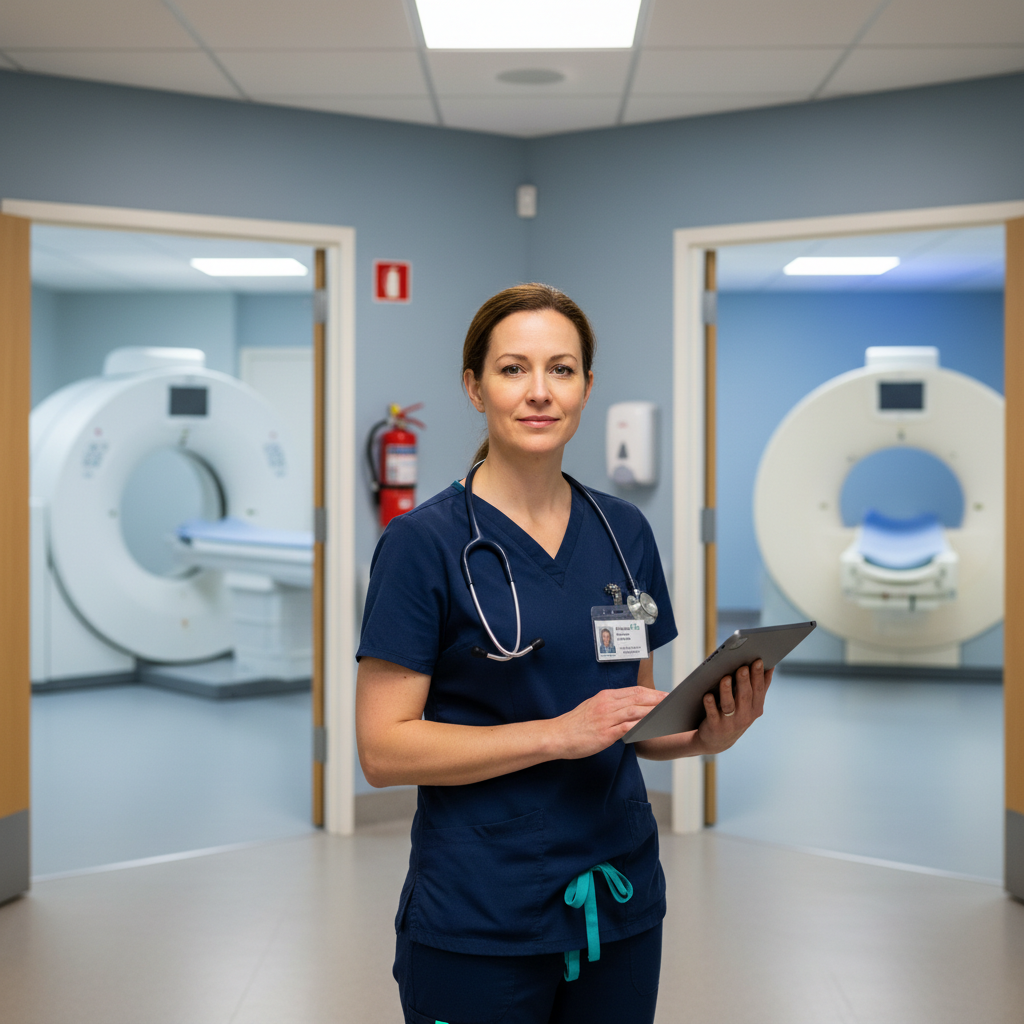 Radiology technologist reviewing cross-training options between CT and MRI suites in hospital